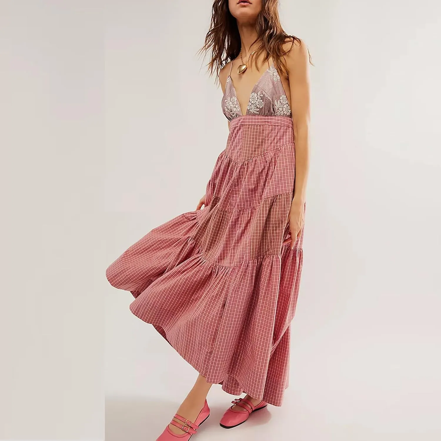 SOLILOQUY Women Boho Striped Midi Dress Spaghetti Strap Scoop Neck Smock Bodice Tiered A-Line Flowy Sundress Summer Vacation