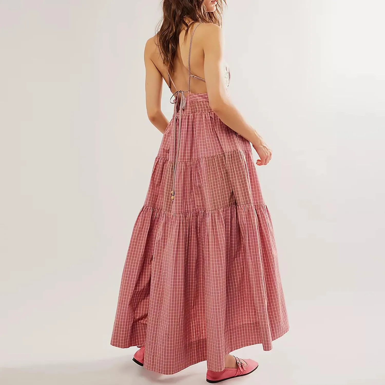SOLILOQUY Women Boho Striped Midi Dress Spaghetti Strap Scoop Neck Smock Bodice Tiered A-Line Flowy Sundress Summer Vacation