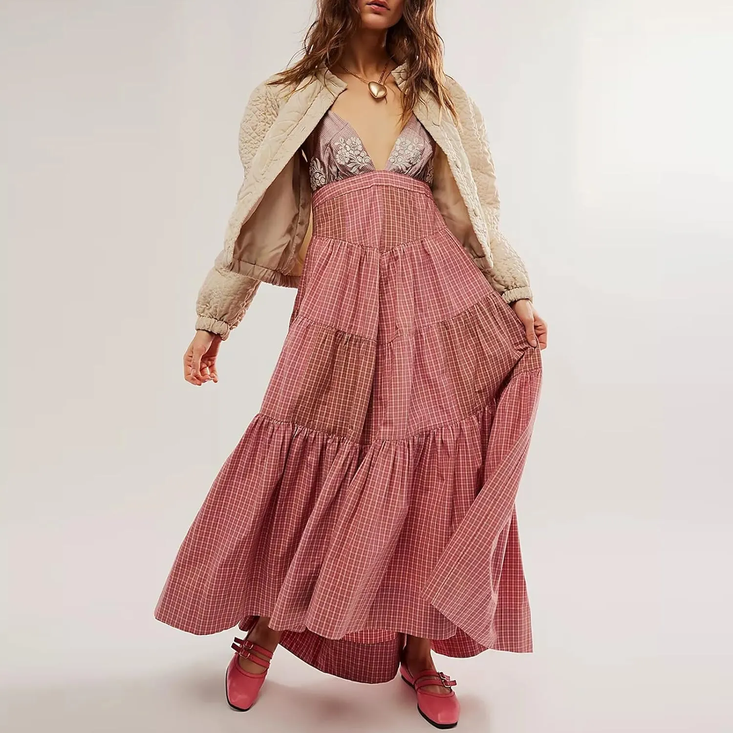 SOLILOQUY Women Boho Striped Midi Dress Spaghetti Strap Scoop Neck Smock Bodice Tiered A-Line Flowy Sundress Summer Vacation