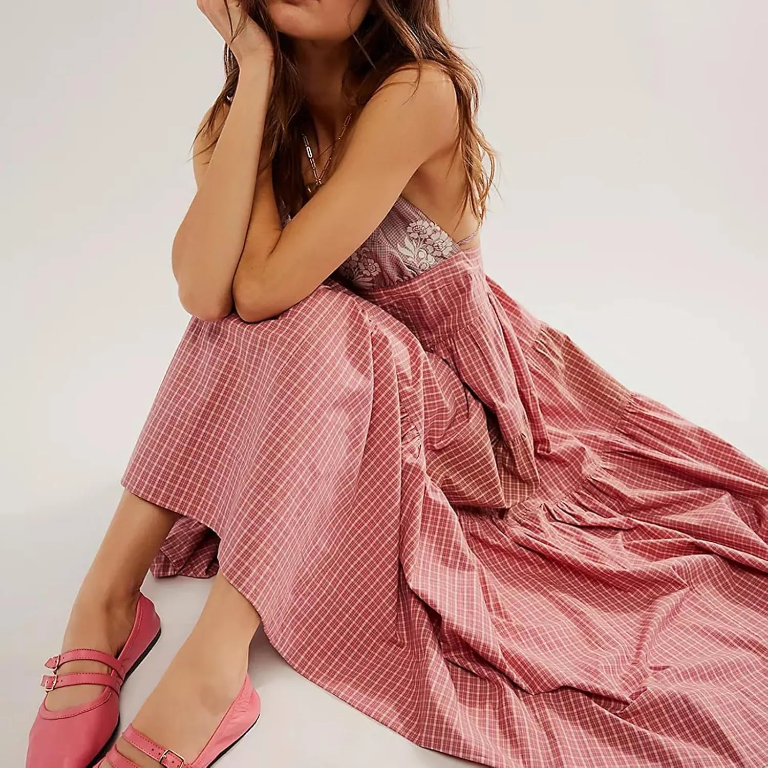 SOLILOQUY Women Boho Striped Midi Dress Spaghetti Strap Scoop Neck Smock Bodice Tiered A-Line Flowy Sundress Summer Vacation