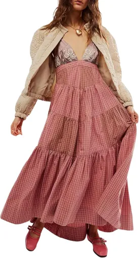 SOLILOQUY Women Boho Striped Midi Dress Spaghetti Strap Scoop Neck Smock Bodice Tiered A-Line Flowy Sundress Summer Vacation