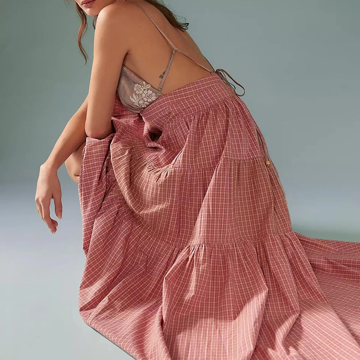 SOLILOQUY Women Boho Striped Midi Dress Spaghetti Strap Scoop Neck Smock Bodice Tiered A-Line Flowy Sundress Summer Vacation