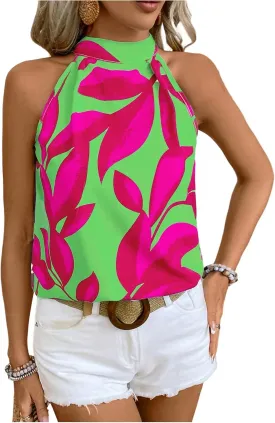 SweatyRocks Women's Boho Printed Halter Top Tie Mock Neck Sleeveless Blouses