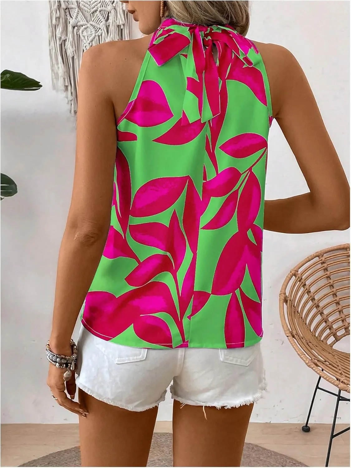 SweatyRocks Women's Boho Printed Halter Top Tie Mock Neck Sleeveless Blouses