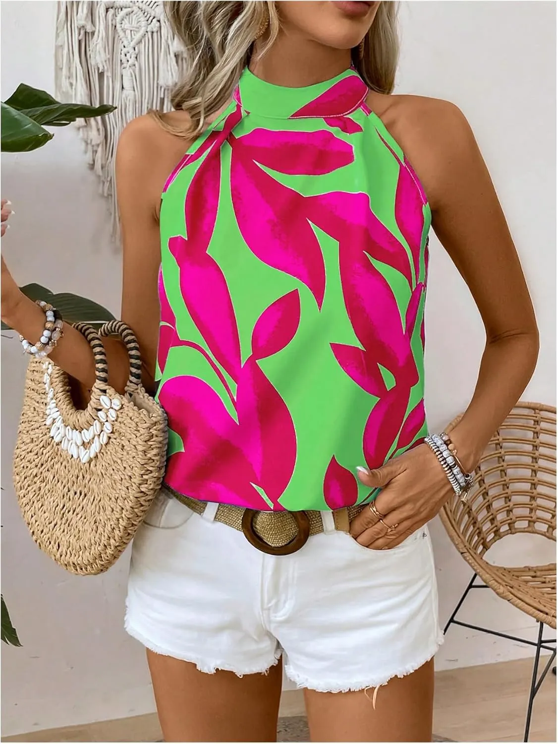 SweatyRocks Women's Boho Printed Halter Top Tie Mock Neck Sleeveless Blouses