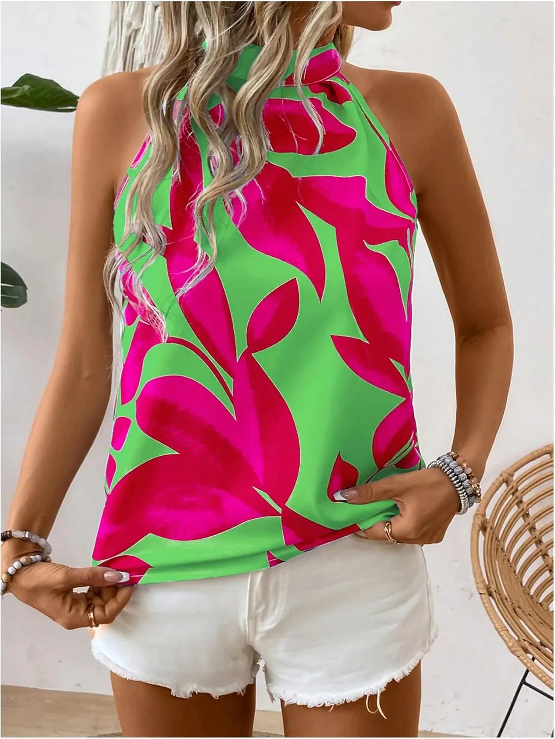 SweatyRocks Women's Boho Printed Halter Top Tie Mock Neck Sleeveless Blouses