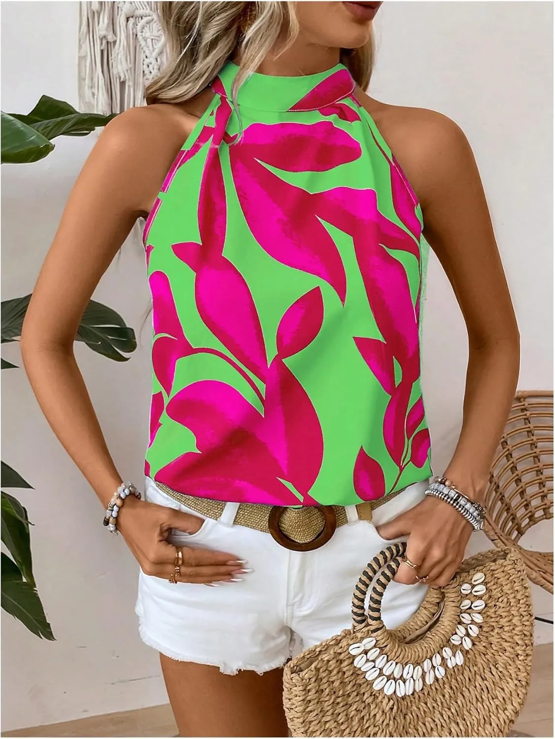 SweatyRocks Women's Boho Printed Halter Top Tie Mock Neck Sleeveless Blouses