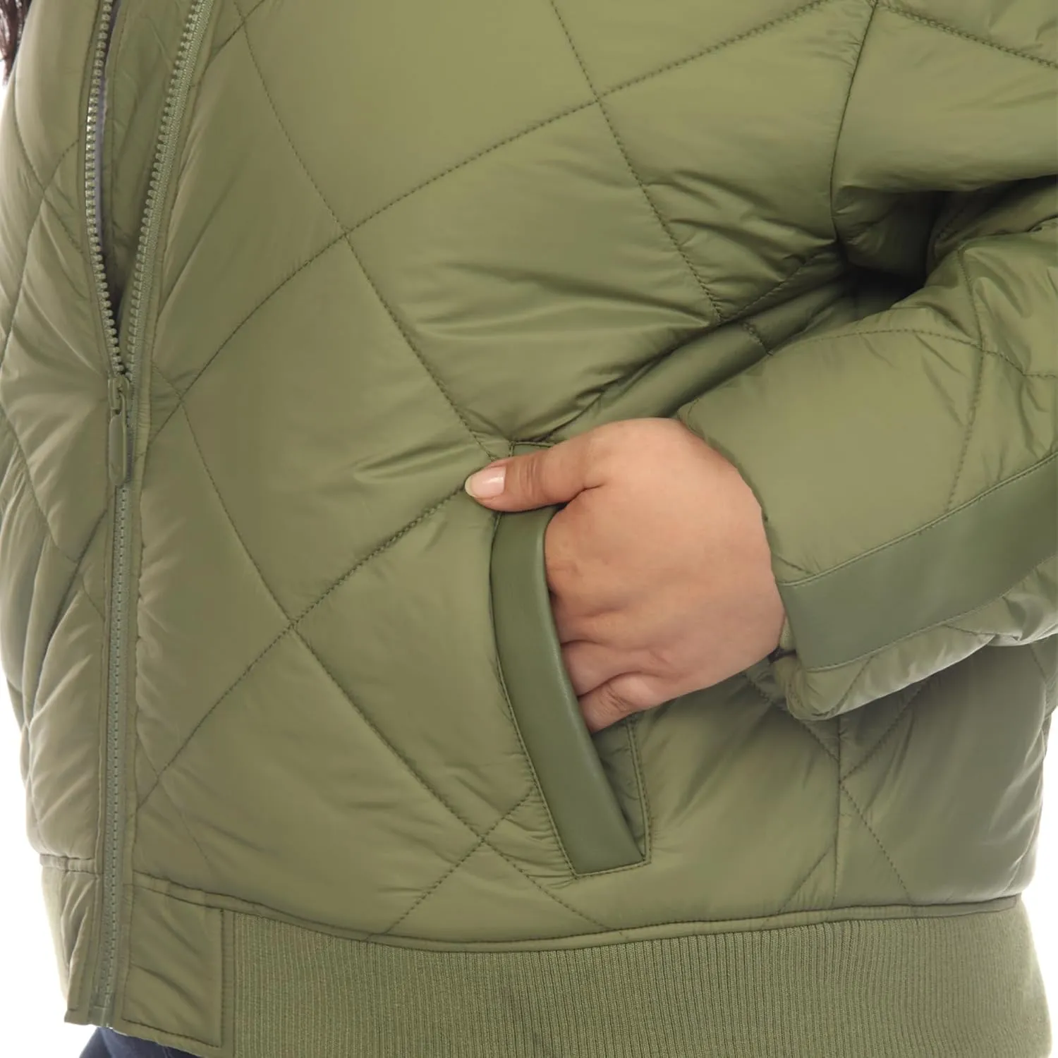 white mark Women's Lightweight PU Sleeve Panel Diamond Quilted Puffer Bomber Jacket with Pockets