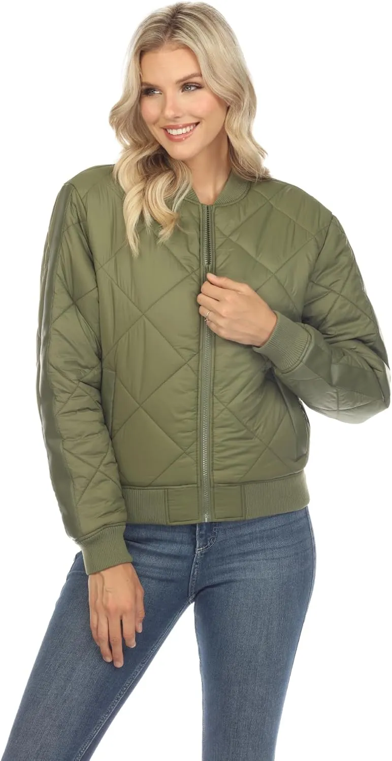 white mark Women's Lightweight PU Sleeve Panel Diamond Quilted Puffer Bomber Jacket with Pockets