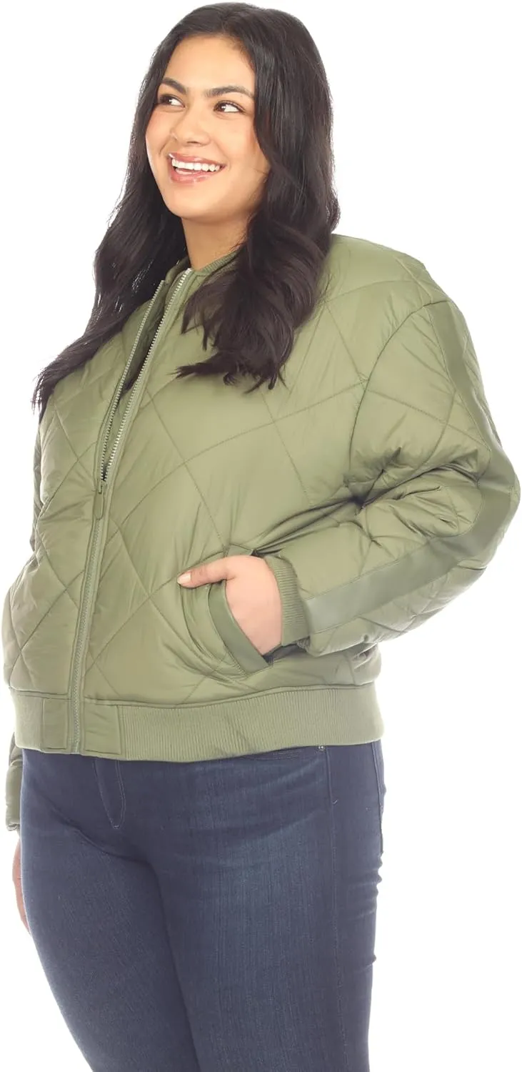 white mark Women's Lightweight PU Sleeve Panel Diamond Quilted Puffer Bomber Jacket with Pockets