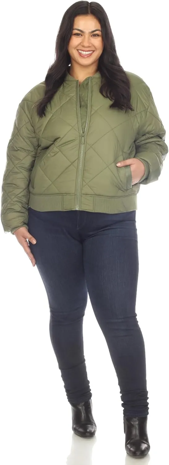 white mark Women's Lightweight PU Sleeve Panel Diamond Quilted Puffer Bomber Jacket with Pockets