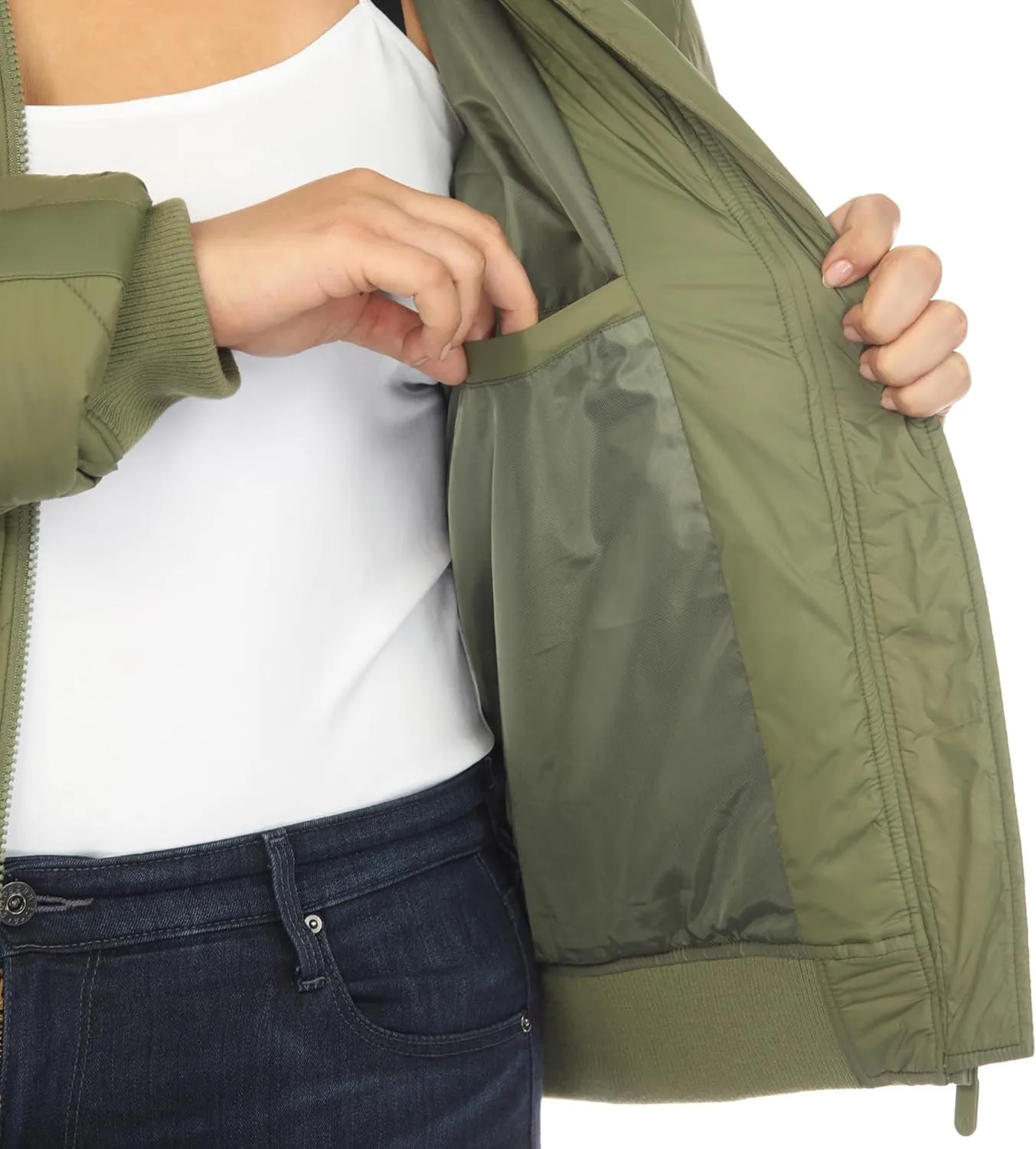 white mark Women's Lightweight PU Sleeve Panel Diamond Quilted Puffer Bomber Jacket with Pockets
