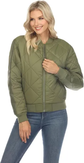 white mark Women's Lightweight PU Sleeve Panel Diamond Quilted Puffer Bomber Jacket with Pockets