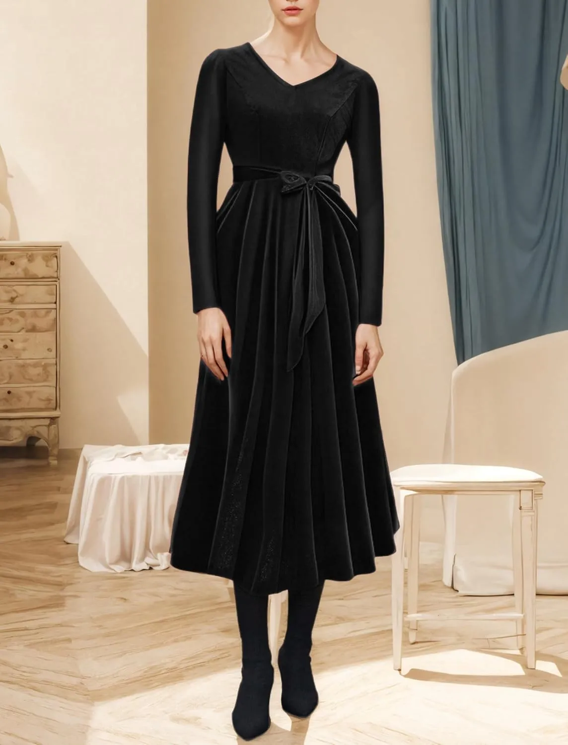 Women 1950s Retro Vintage Velvet Dress Fall Outfit Long Sleeve V Neck Belted Swing Cocktail Wedding Guest Midi Dresses