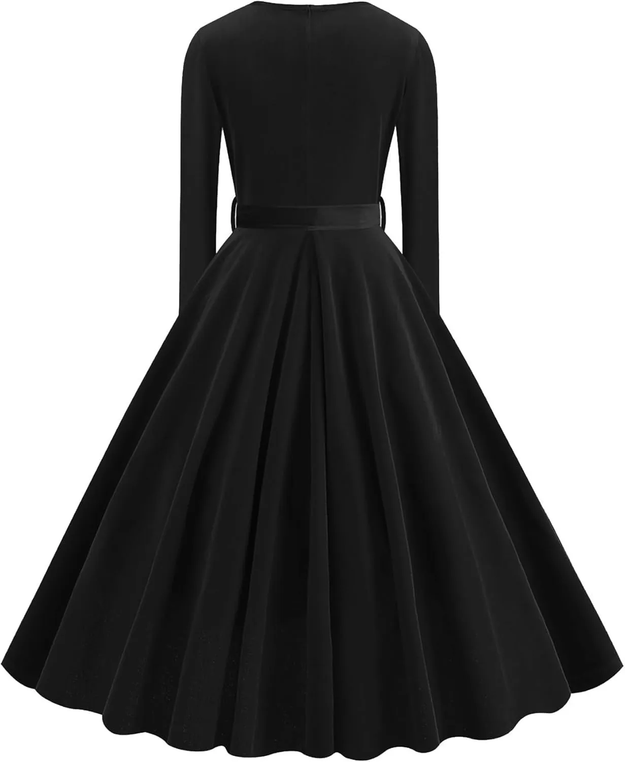 Women 1950s Retro Vintage Velvet Dress Fall Outfit Long Sleeve V Neck Belted Swing Cocktail Wedding Guest Midi Dresses