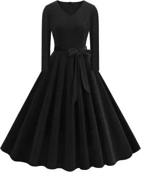 Women 1950s Retro Vintage Velvet Dress Fall Outfit Long Sleeve V Neck Belted Swing Cocktail Wedding Guest Midi Dresses