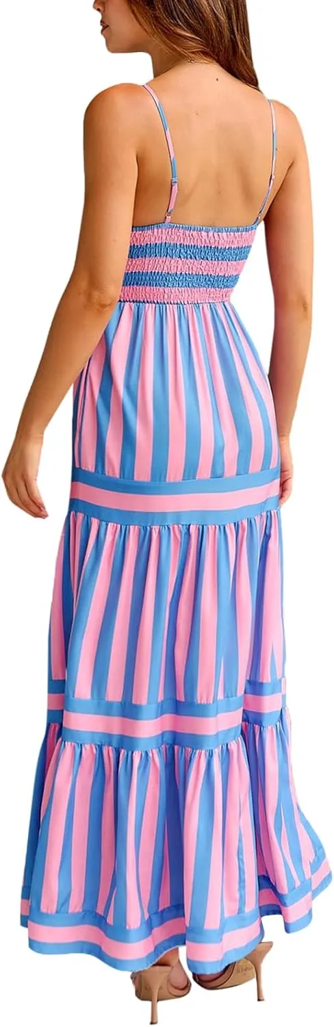Women Striped Maxi Dress Smocked Backless Spaghetti Strap Long Flowy Dress Sleeveless Boho Aline Sundress