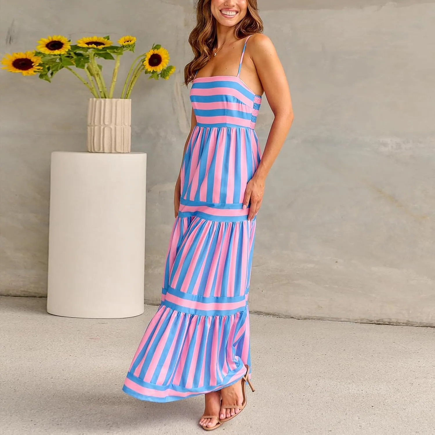 Women Striped Maxi Dress Smocked Backless Spaghetti Strap Long Flowy Dress Sleeveless Boho Aline Sundress