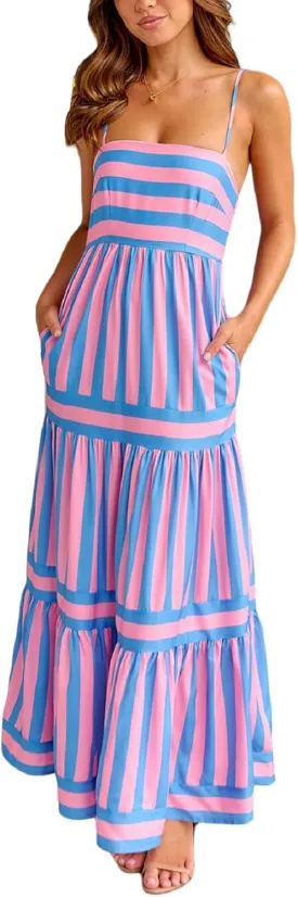 Women Striped Maxi Dress Smocked Backless Spaghetti Strap Long Flowy Dress Sleeveless Boho Aline Sundress