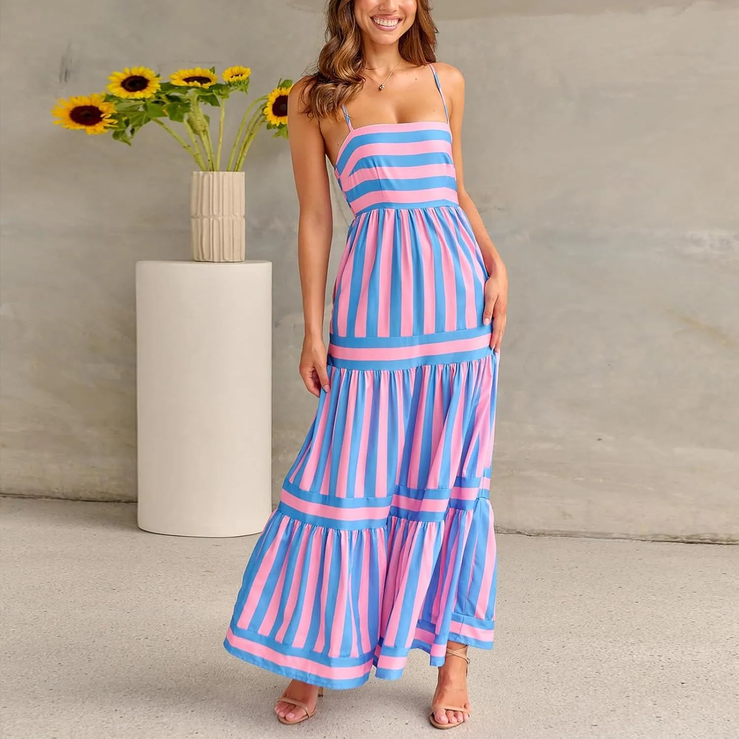 Women Striped Maxi Dress Smocked Backless Spaghetti Strap Long Flowy Dress Sleeveless Boho Aline Sundress