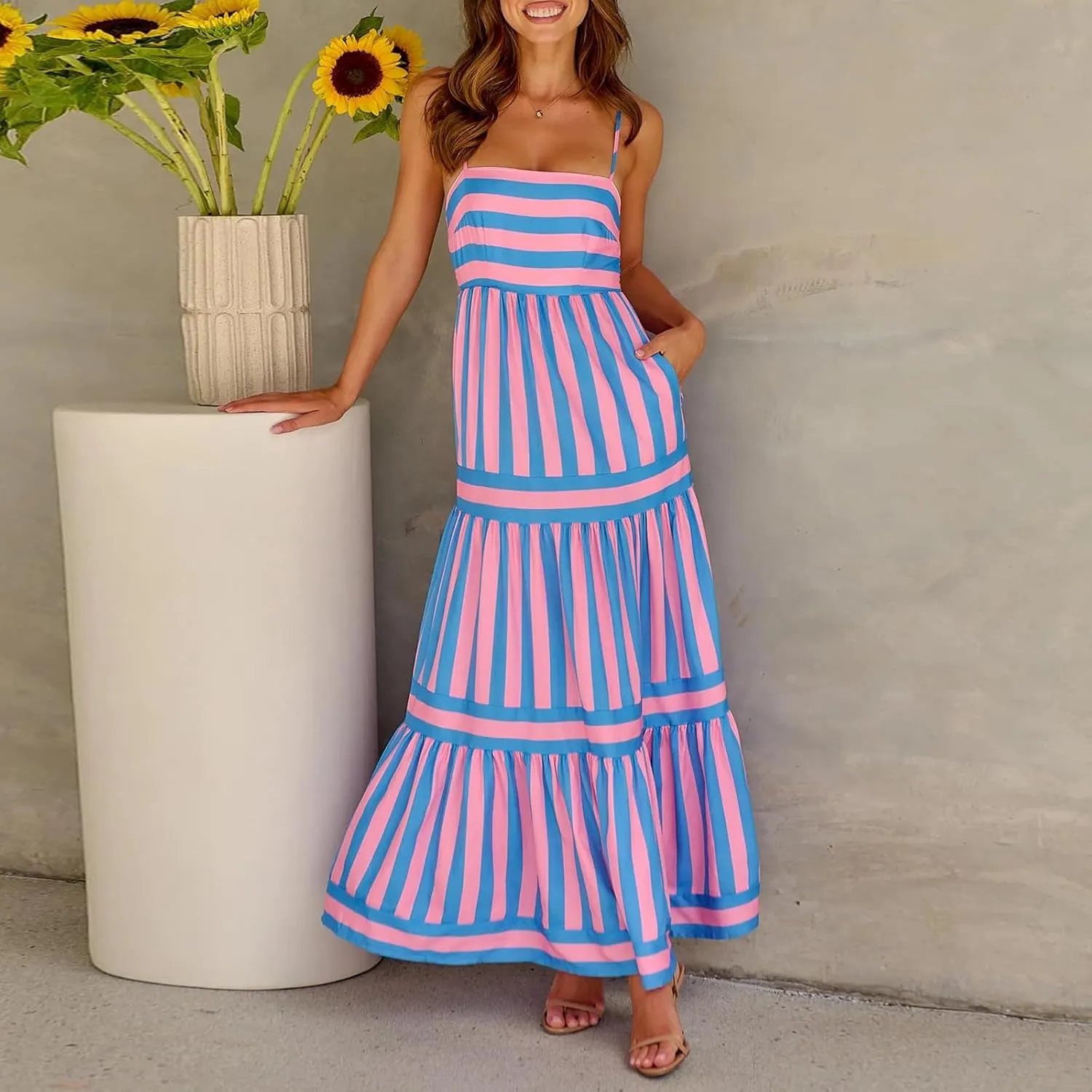 Women Striped Maxi Dress Smocked Backless Spaghetti Strap Long Flowy Dress Sleeveless Boho Aline Sundress