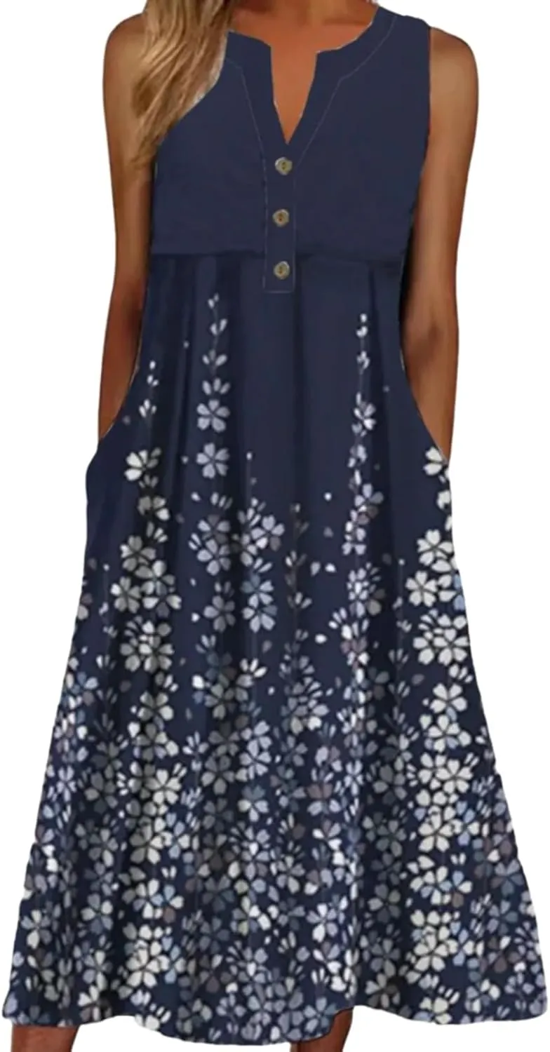 Women's 2025 Summer Front Buttons Dresses Blue Floral Print Elegant Sleeveless Round Neck Midi Dress with Side Pockets