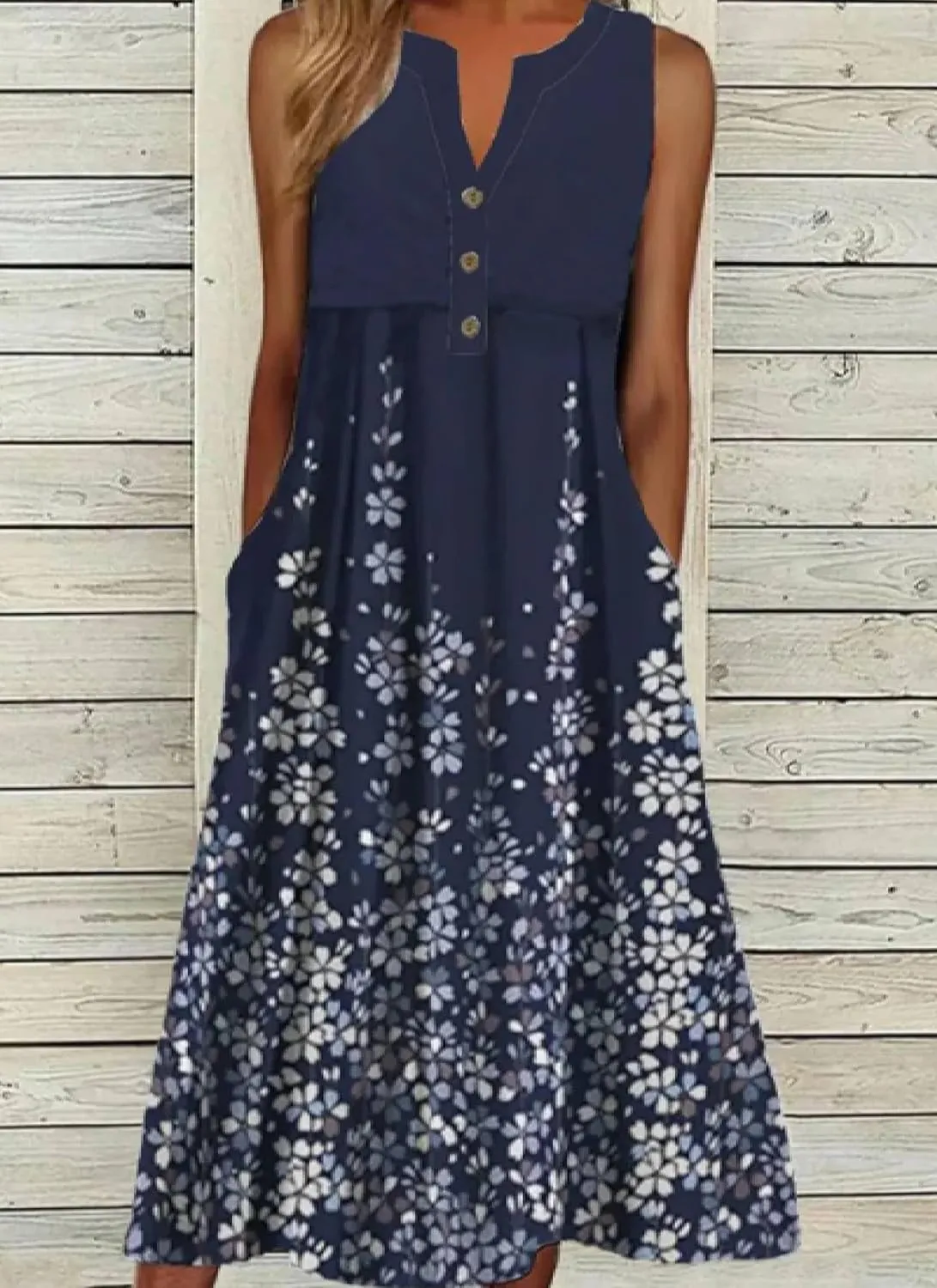 Women's 2025 Summer Front Buttons Dresses Blue Floral Print Elegant Sleeveless Round Neck Midi Dress with Side Pockets