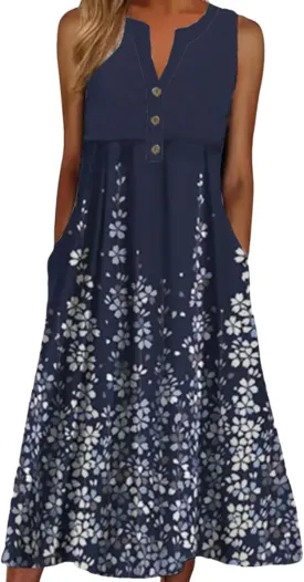 Women's 2025 Summer Front Buttons Dresses Blue Floral Print Elegant Sleeveless Round Neck Midi Dress with Side Pockets