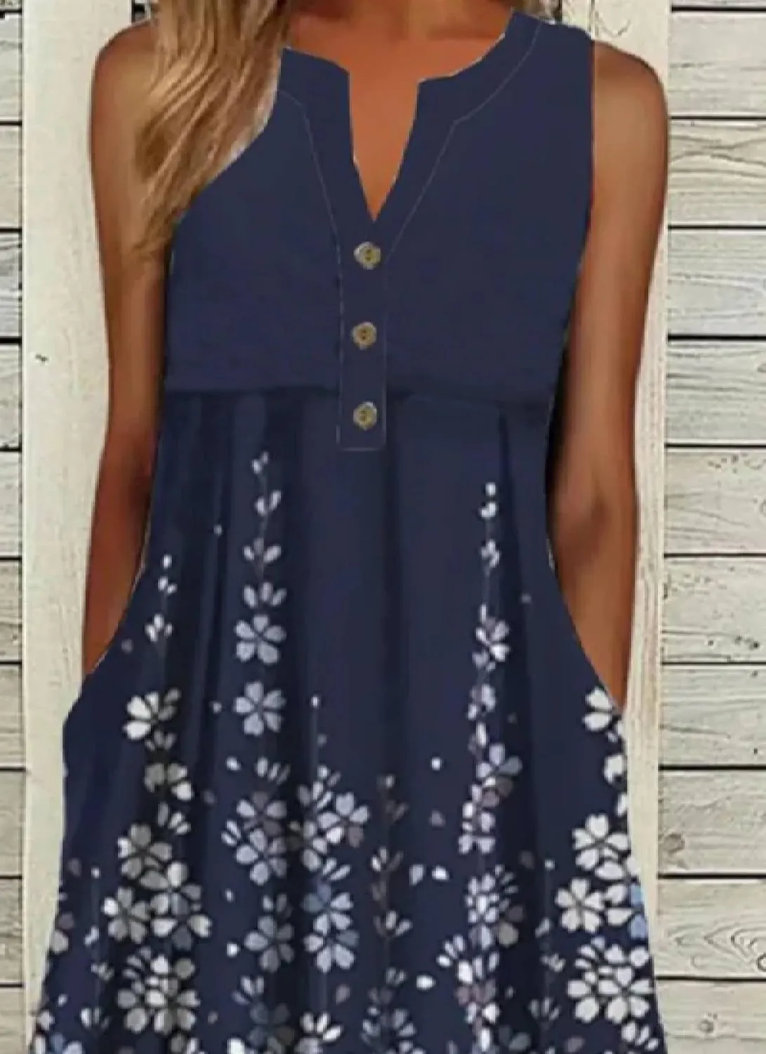 Women's 2025 Summer Front Buttons Dresses Blue Floral Print Elegant Sleeveless Round Neck Midi Dress with Side Pockets