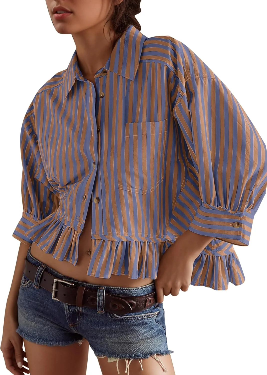 Womens 3/4 Length Sleeve Striped Button Down Shirt Loose Fit Drop Shoulder Trendy Ruffle Hem Striped Blouses Top Blue Brown