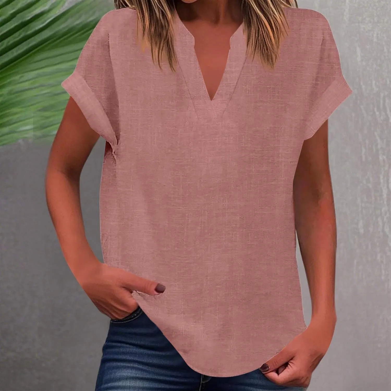 Women's Henley Shirts Linen Short Sleeve V Neck Dressy Casual Loose Fit Tops Summer Cute Flowy Blouses 2025 Trendy