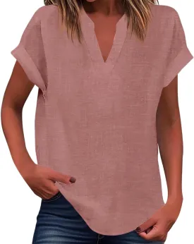 Women's Henley Shirts Linen Short Sleeve V Neck Dressy Casual Loose Fit Tops Summer Cute Flowy Blouses 2025 Trendy
