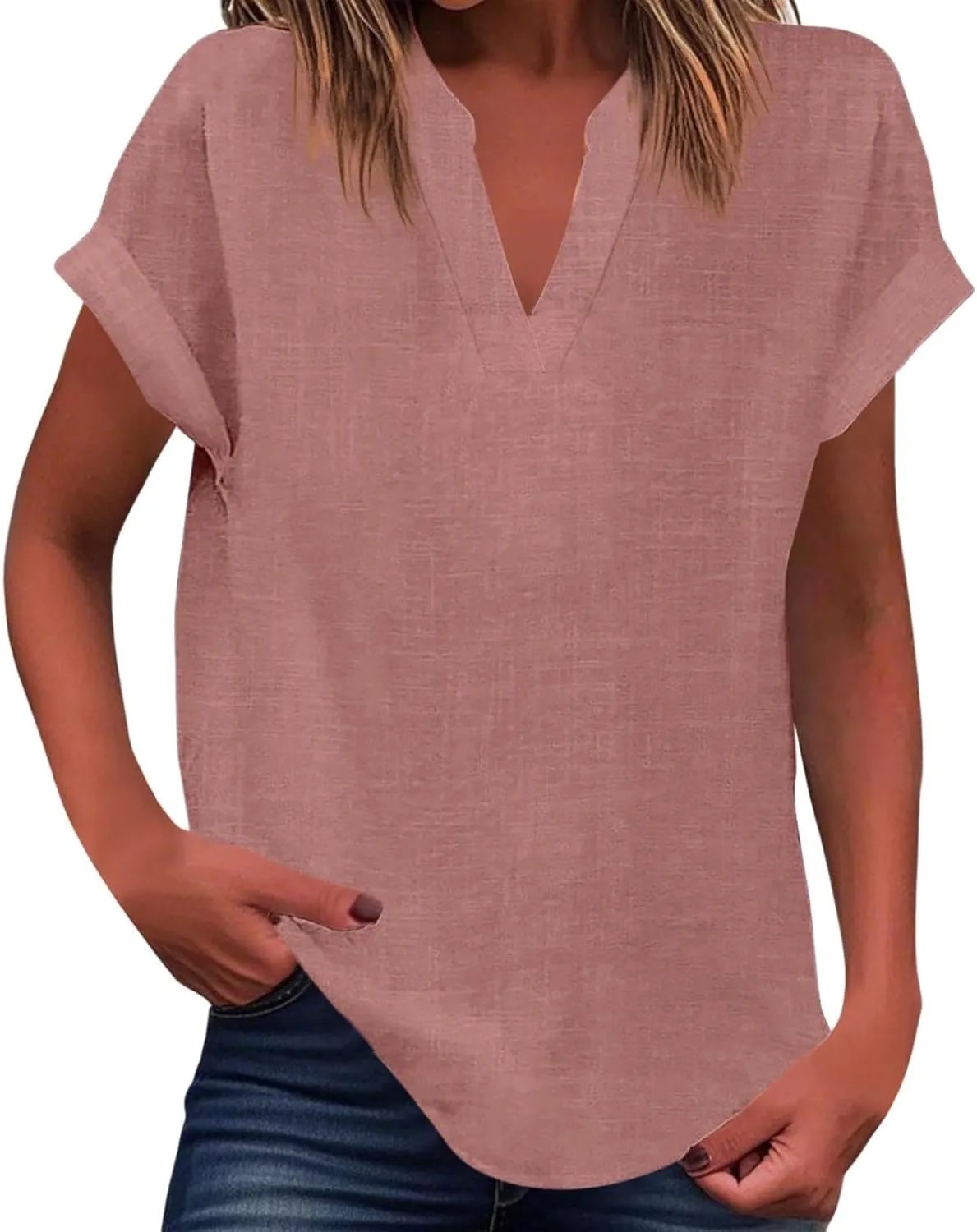 Women's Henley Shirts Linen Short Sleeve V Neck Dressy Casual Loose Fit Tops Summer Cute Flowy Blouses 2025 Trendy