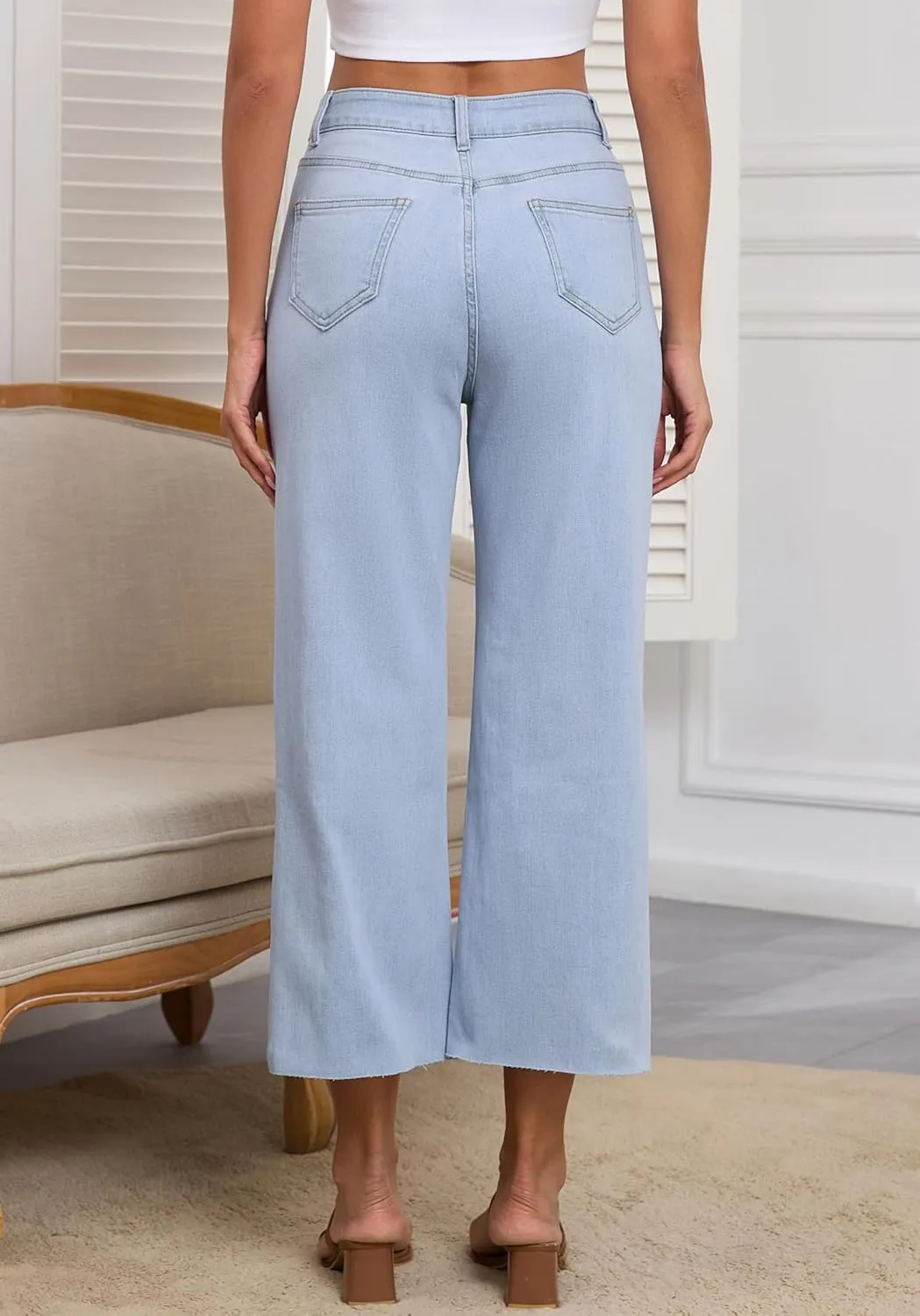 Women's High Waist Straight Leg Stretch Jeans - Blue Ankle Length Denim 5 Pocket Slim Fit Tummy Control