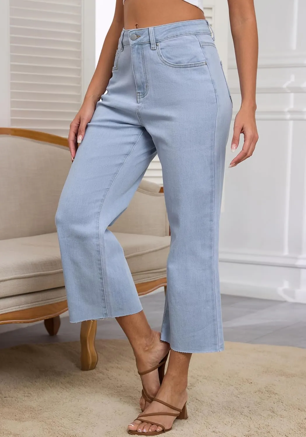 Women's High Waist Straight Leg Stretch Jeans - Blue Ankle Length Denim 5 Pocket Slim Fit Tummy Control