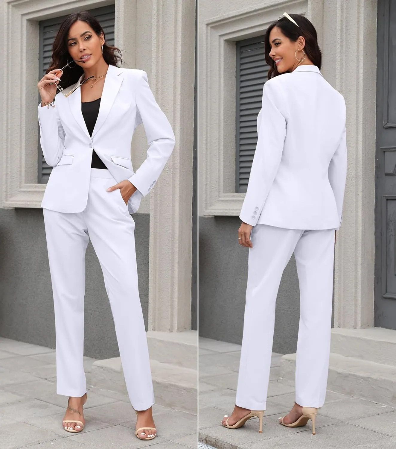 Women's Suit 2 Piece Slim Fit Formal Notched Lapel Lady Solid Work Outfits Casual Blazer Jacket Pants Set for Business Office