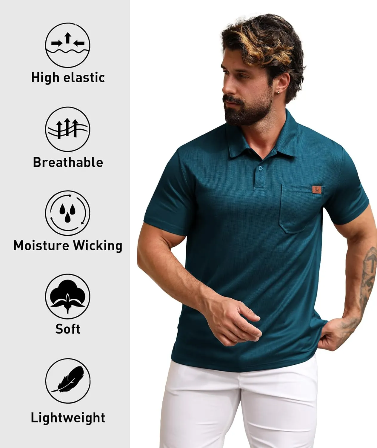ZITY Mens Waffle Polo Shirts Casual Short Sleeve Texture Polo for Men Moisture Wicking Collared T-Shirt with Pocket