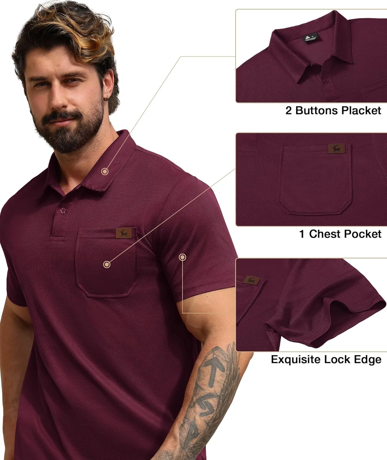 ZITY Mens Waffle Polo Shirts Casual Short Sleeve Texture Polo for Men Moisture Wicking Collared T-Shirt with Pocket
