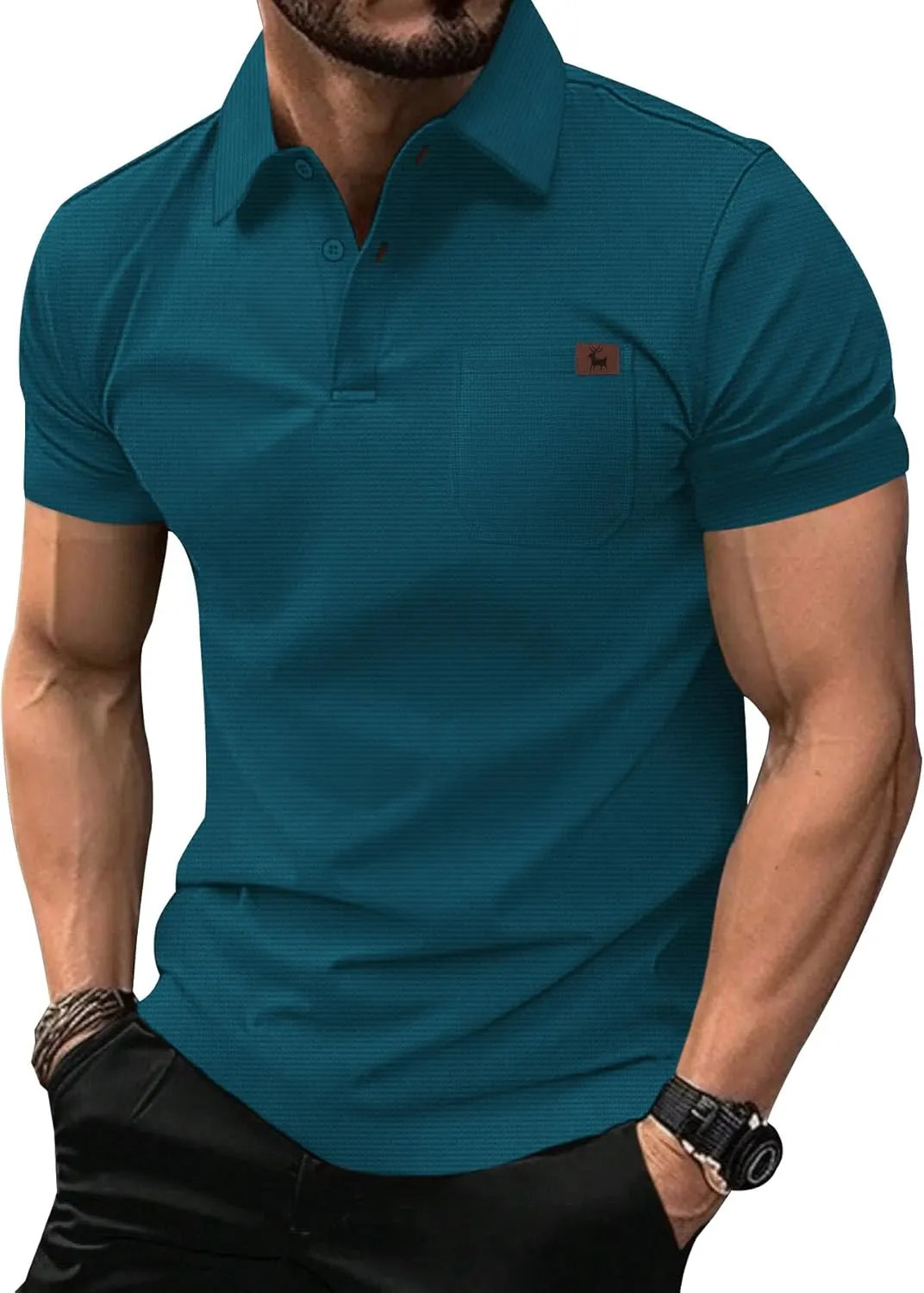 ZITY Mens Waffle Polo Shirts Casual Short Sleeve Texture Polo for Men Moisture Wicking Collared T-Shirt with Pocket
