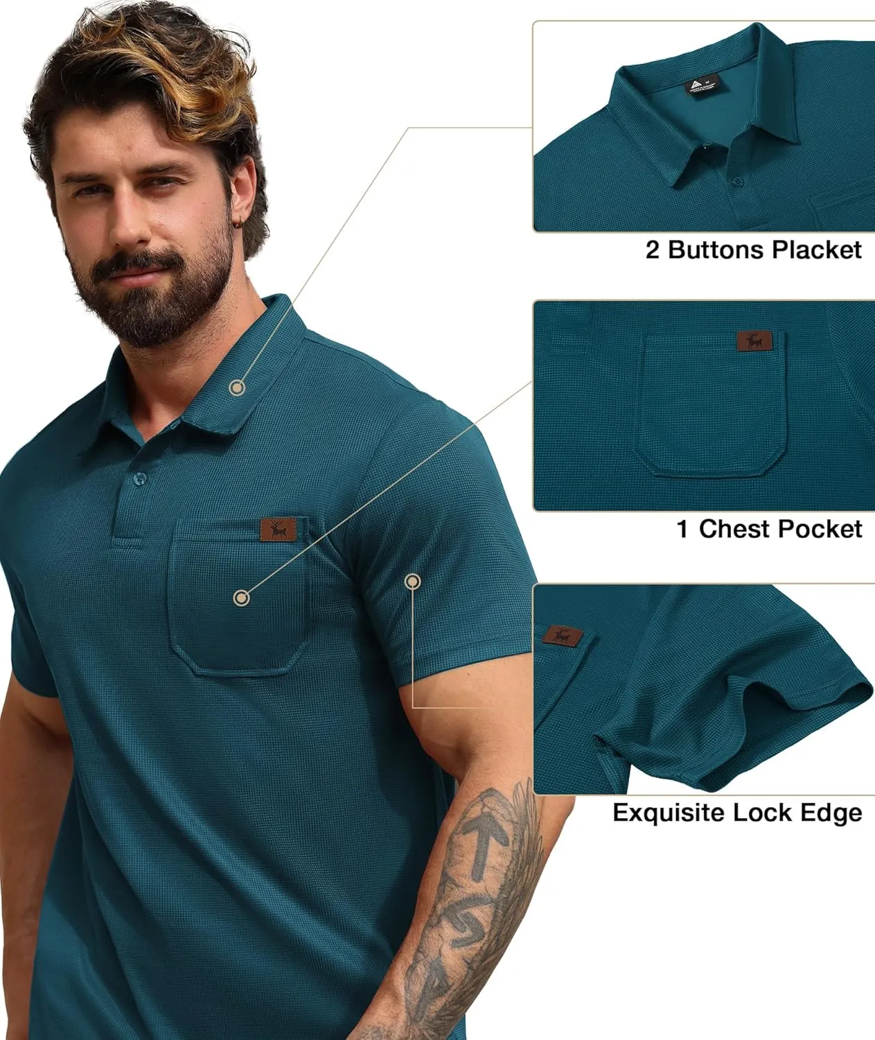 ZITY Mens Waffle Polo Shirts Casual Short Sleeve Texture Polo for Men Moisture Wicking Collared T-Shirt with Pocket